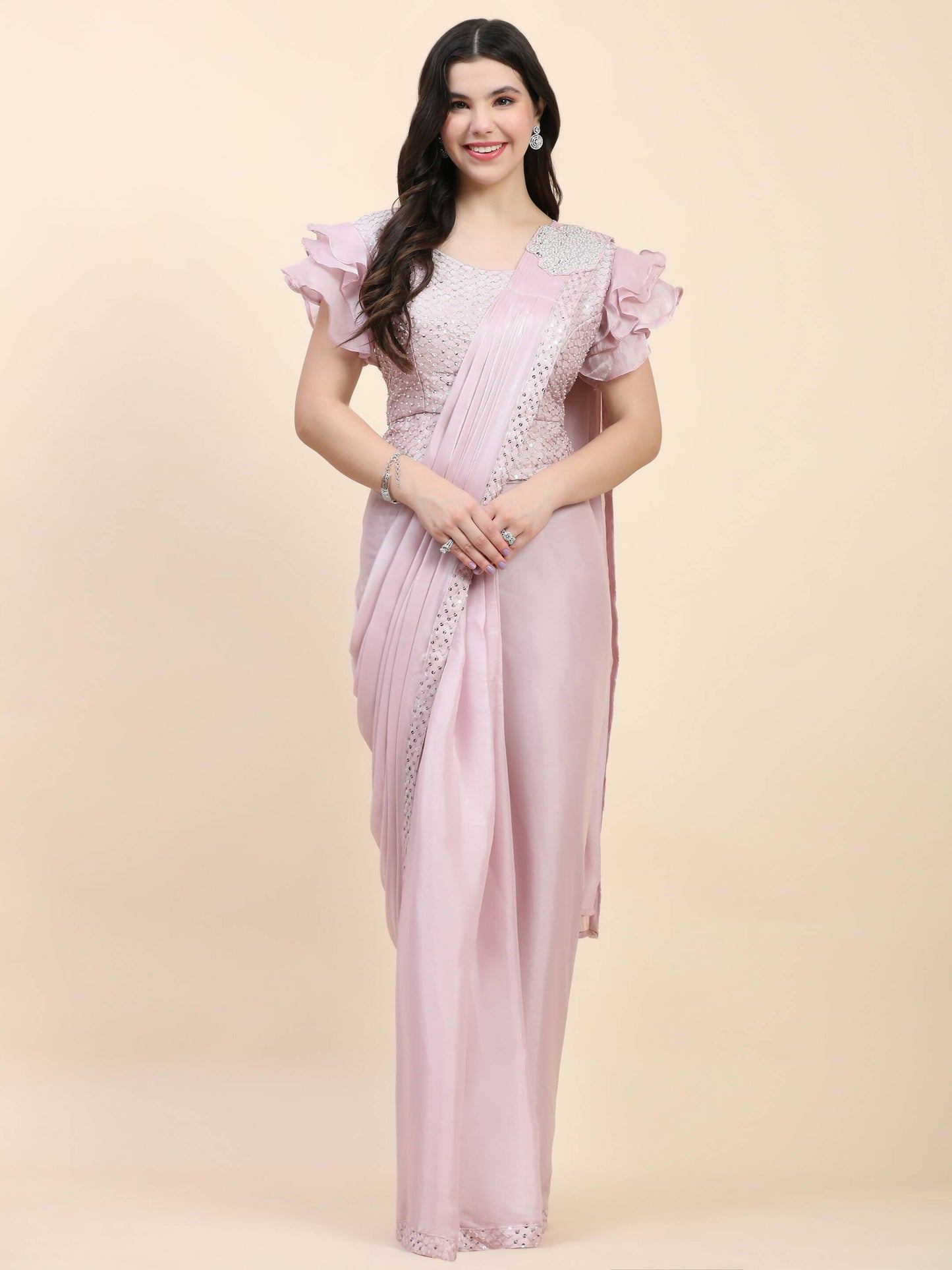 Light Pink Silk Satin Sequence Work Ready to Wear Saree with stitched Blouse - Nirvana | Swadesiicart
