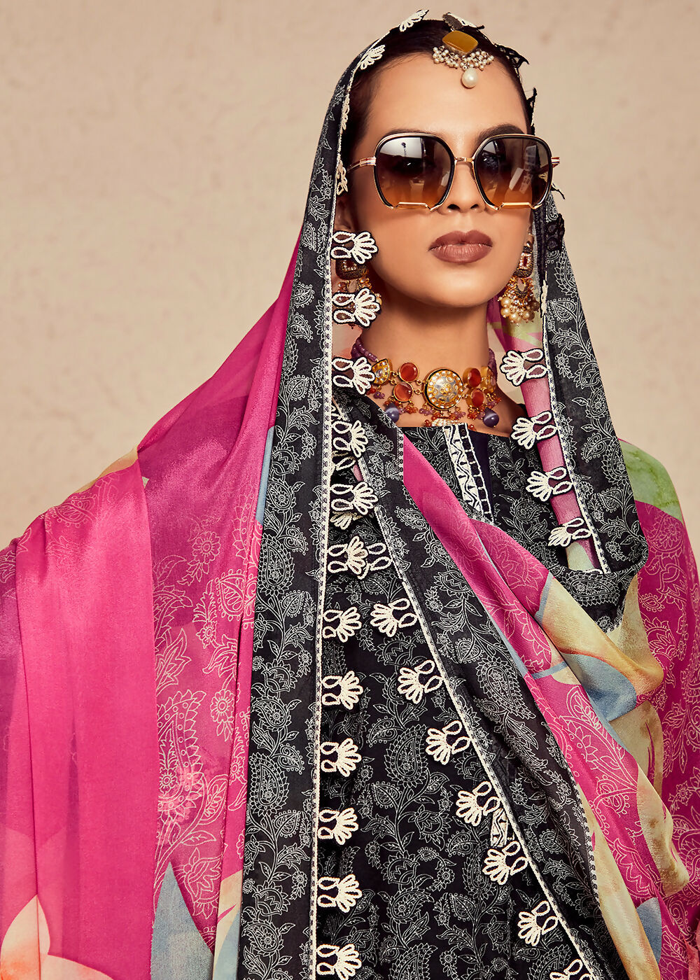 Muslin Cotton Digital Print & Embroidered Black Salwar Suit - Emponline | Swadesiicart