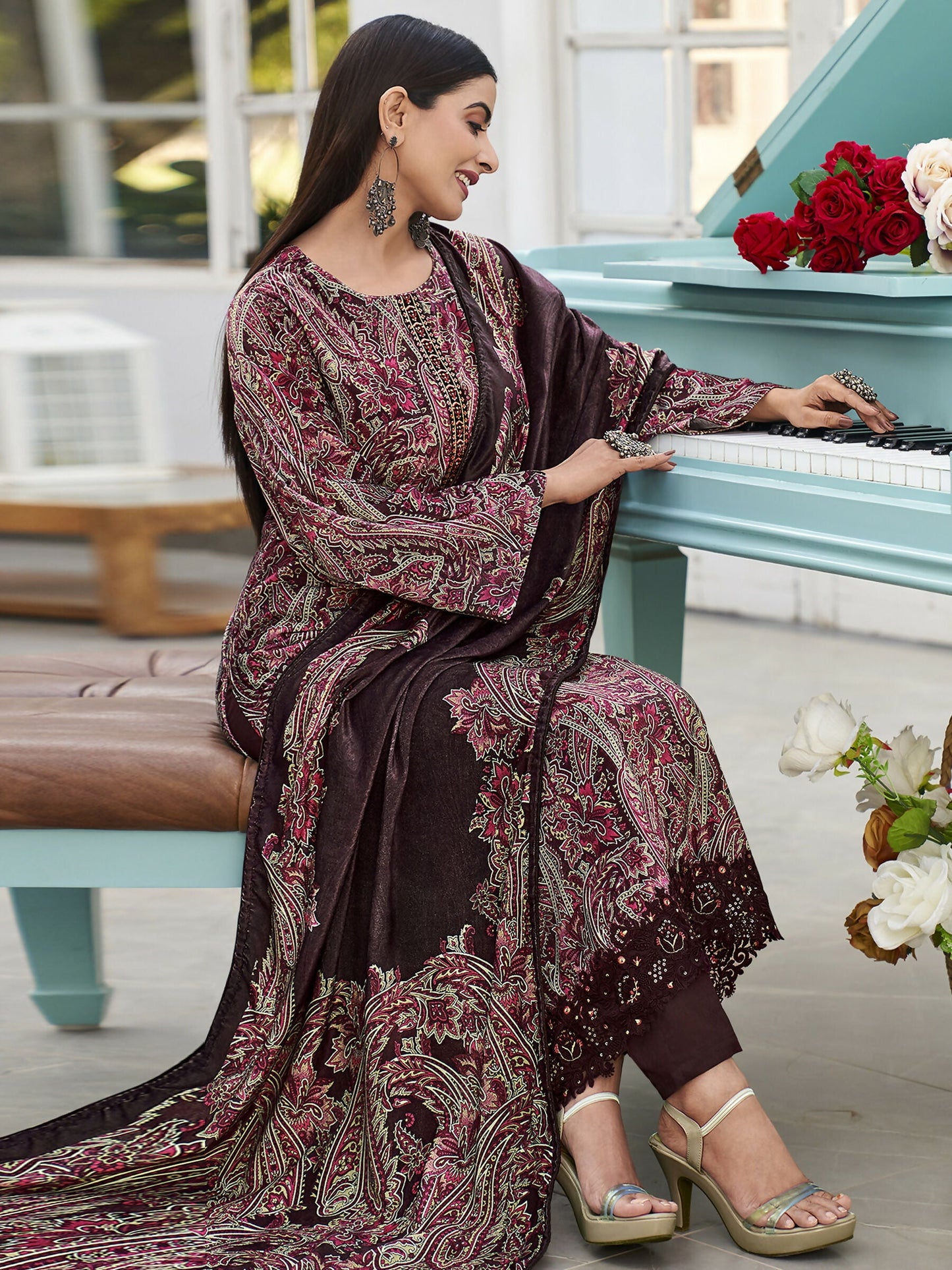 Jyoti Fashion Women's Wine Velvet Digital Print with Resham Thread work Kurta with Trouser & Dupatta | Swadesiicart