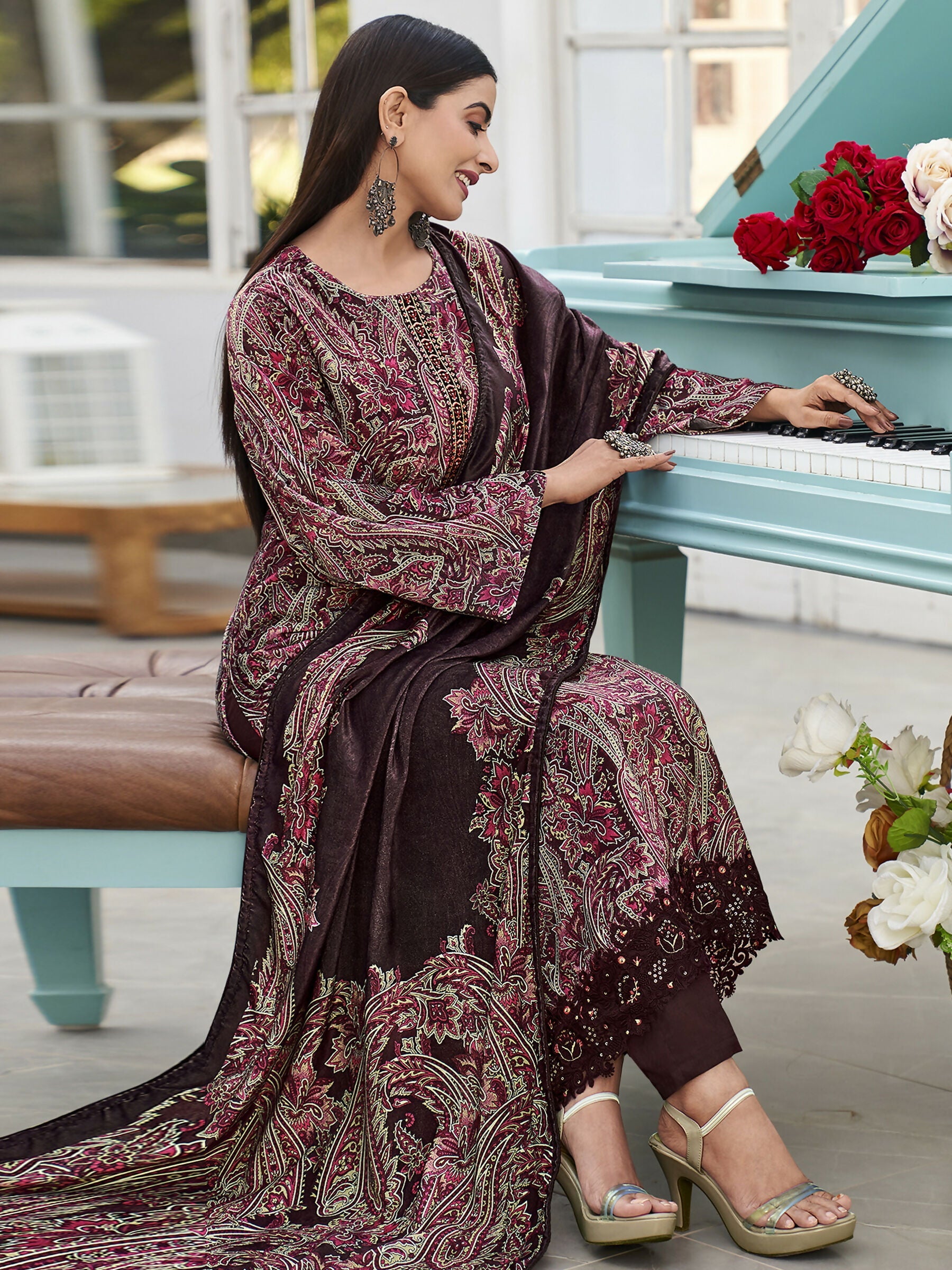 Jyoti Fashion Women's Wine Velvet Digital Print with Resham Thread work Kurta with Trouser & Dupatta | Swadesiicart