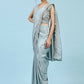 Sky Blue Silk Satin Plain Ready to wear Saree with stitched Blouse - Vrinda | Swadesiicart