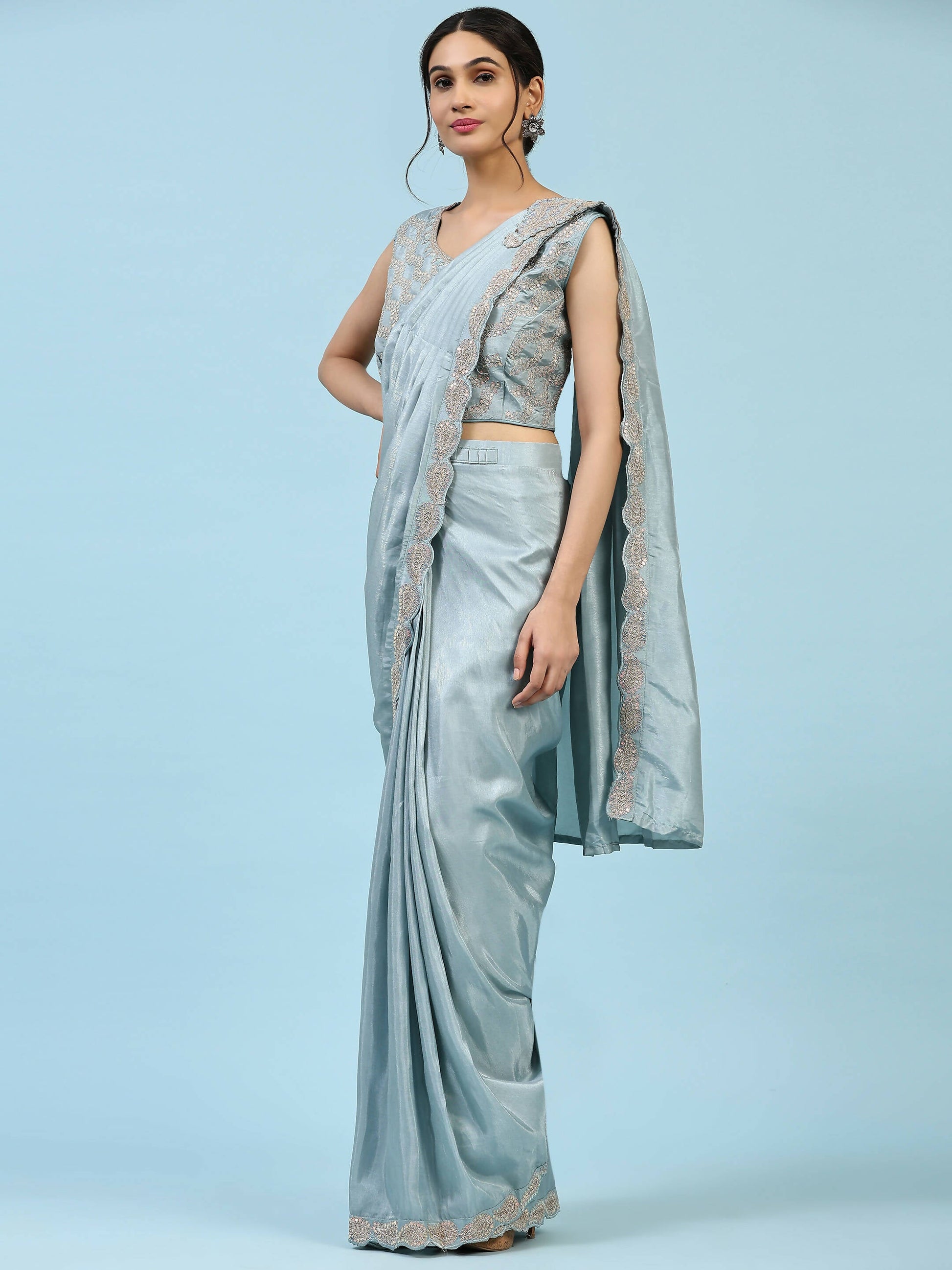 Sky Blue Silk Satin Plain Ready to wear Saree with stitched Blouse - Vrinda | Swadesiicart