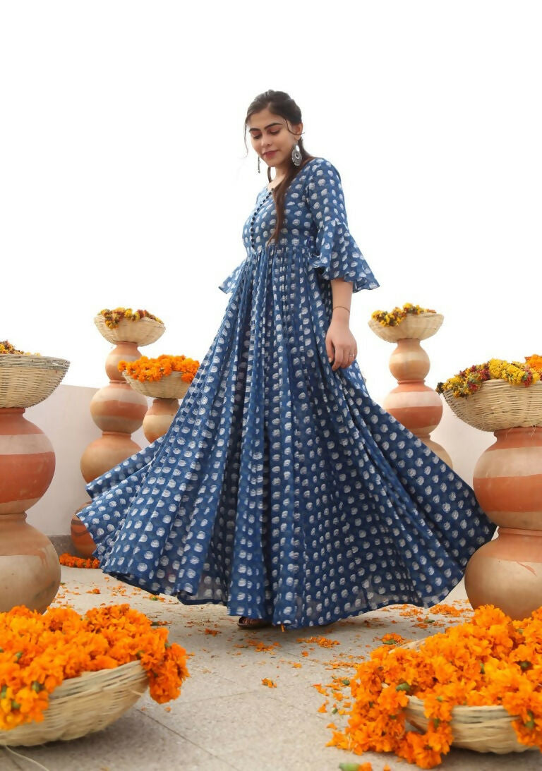 Jyoti Fashion Women's Blue Heavy Digital Printed Cotton Silk Anarkali Dress | Swadesiicart