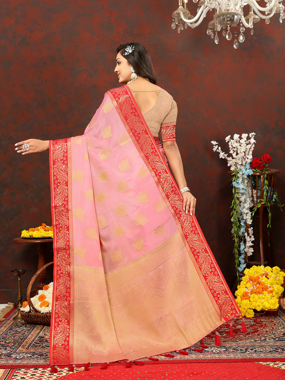 Lorenvalley Fashion Pink Cotton Woven Design with Zari Weaving Design Saree - Swadesiicart