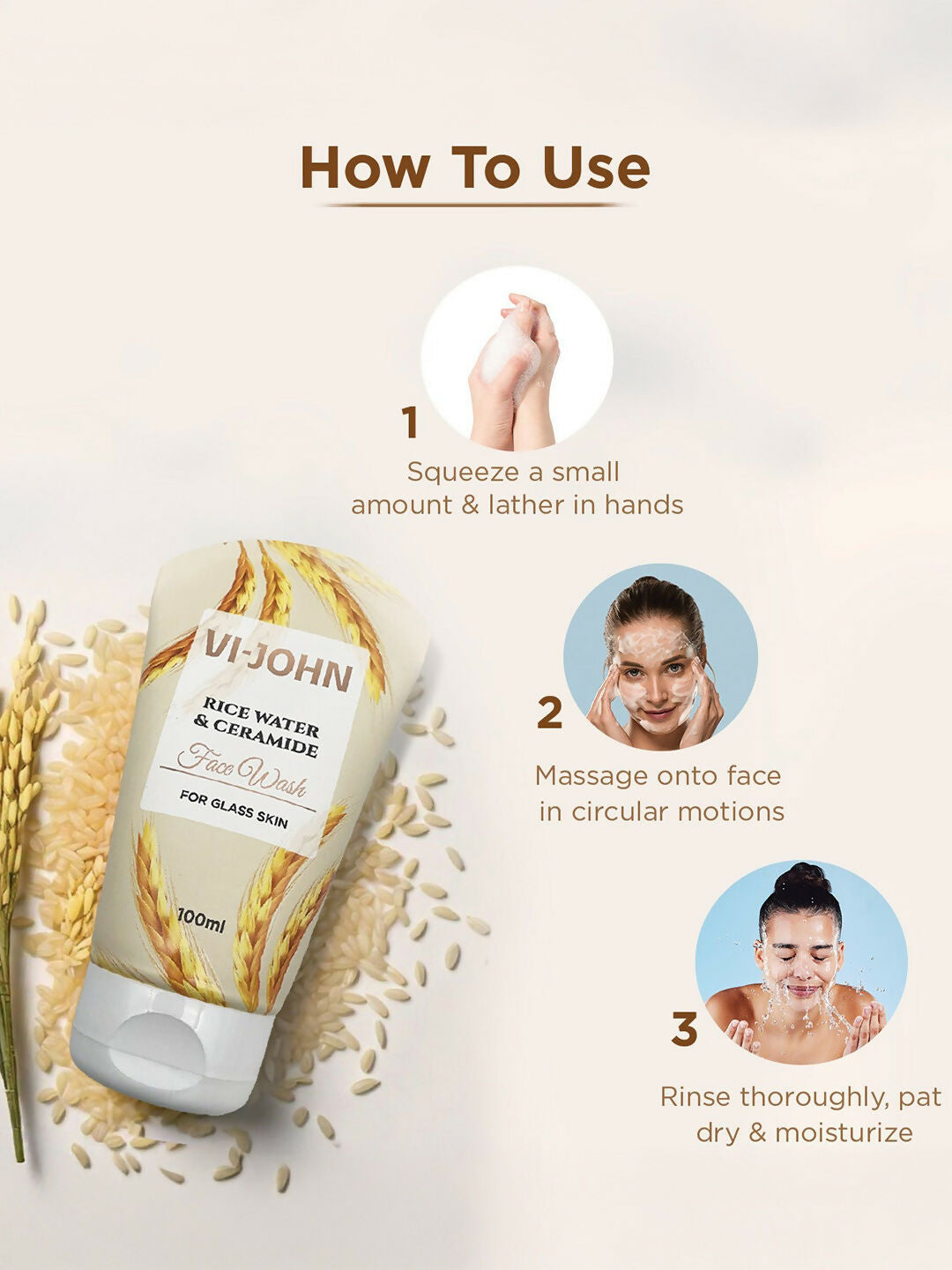 VI-JOHN Rice Water & Ceramide Face Wash For Glass Skin Deep Skin Clean | Swadesiicart