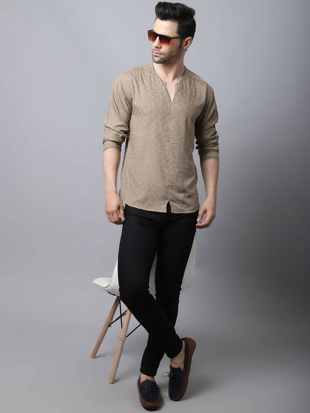 Even Apparels Beige Pure Cotton Round Neck Slit Men's Kurta | Swadesiicart