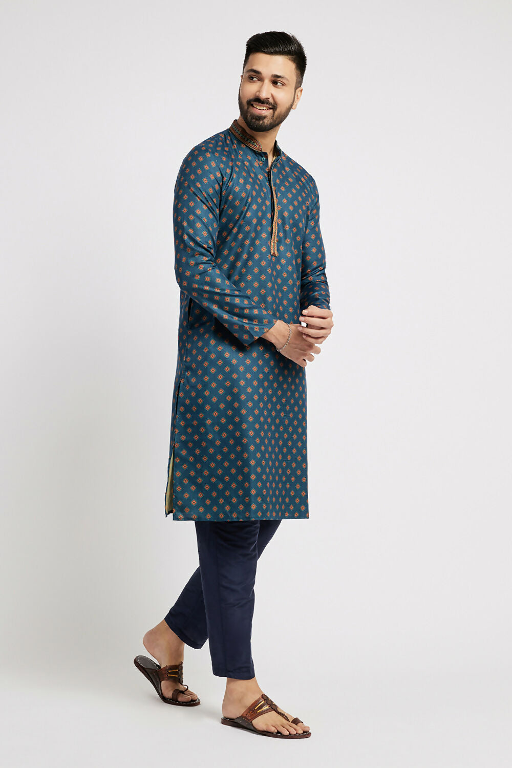Ethnic India Blue Men's Kurta Ethnic Motifs Polyester | Swadesiicart