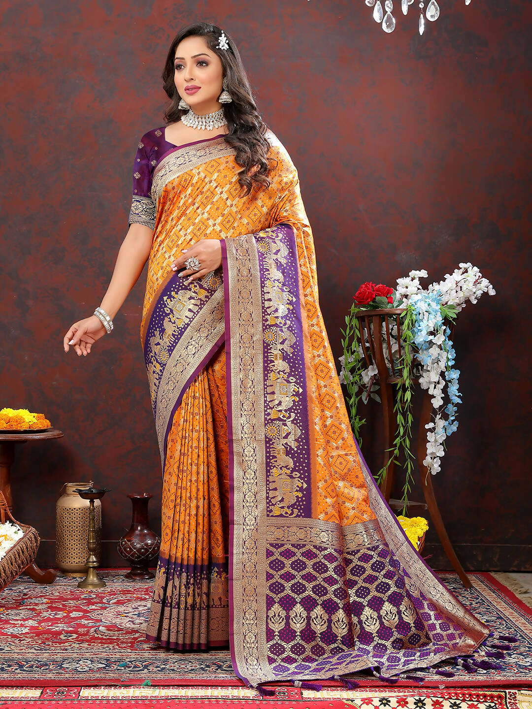 Lorenvalley Fashion Orange & Wine Patola Silk Woven Design Meenakari Weaving Saree - Swadesiicart