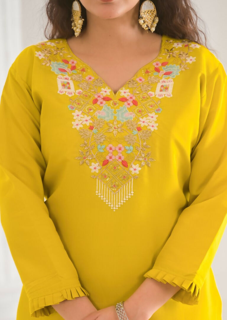 Ethnic Festive Wear Viscose Chanderi Yellow Stitched Suit With Dupatta - Tanisha | Swadesiicart