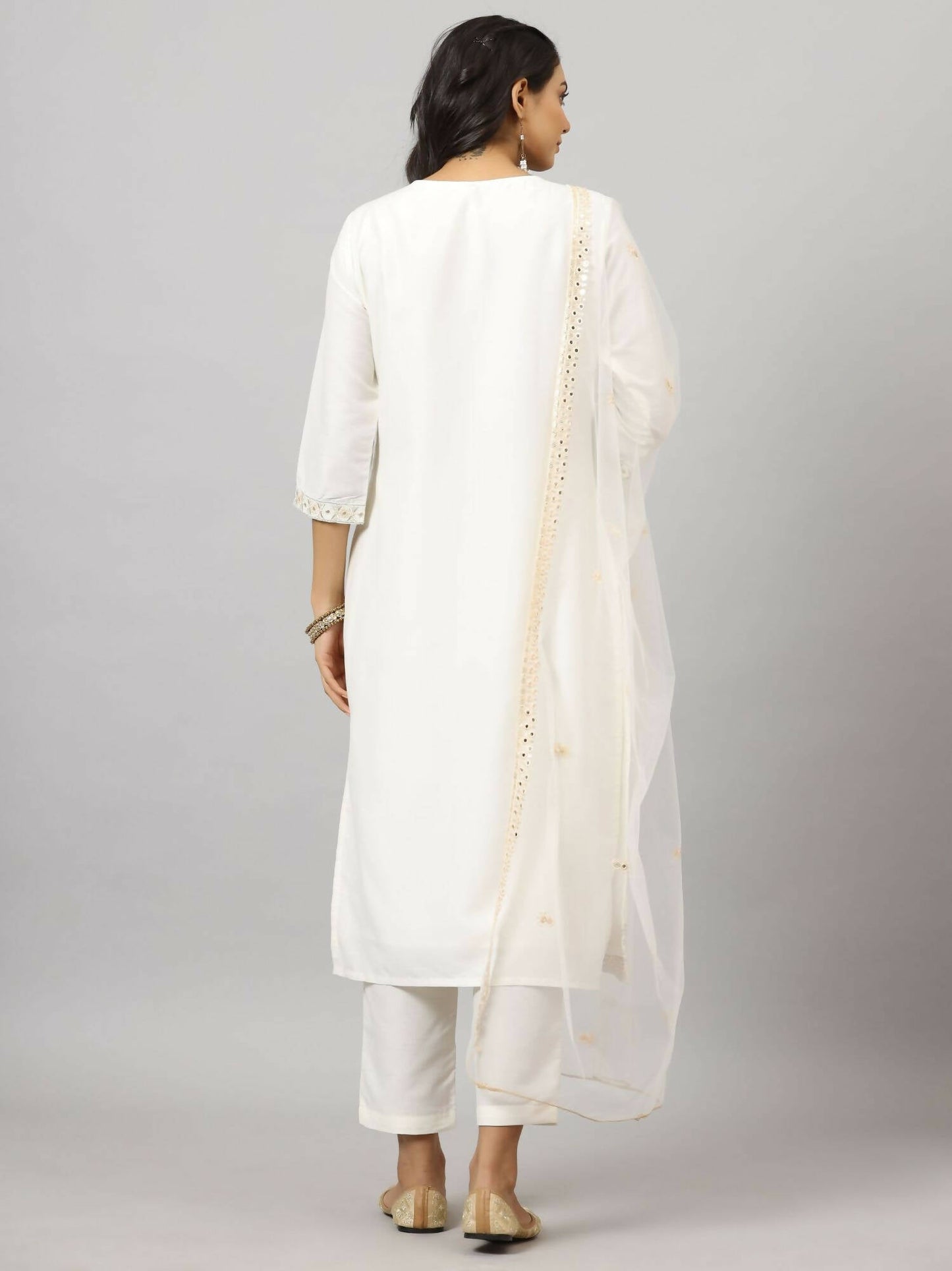 Juniper Women's White Chinnon Solid Embroidered Kurta Set | Swadesiicart