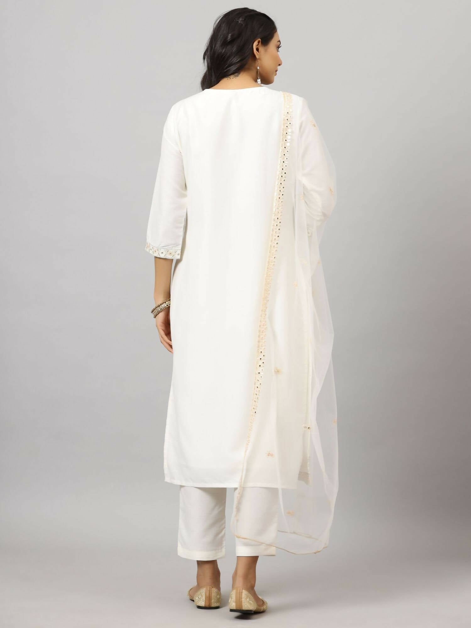 Juniper Women's White Chinnon Solid Embroidered Kurta Set | Swadesiicart