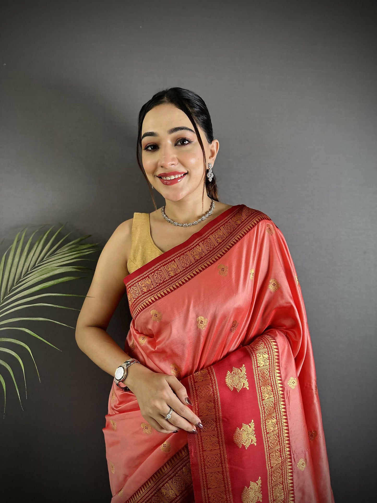 Joban Fashion Peach Banarasi Soft Silk Woven Butti Saree | Swadesiicart