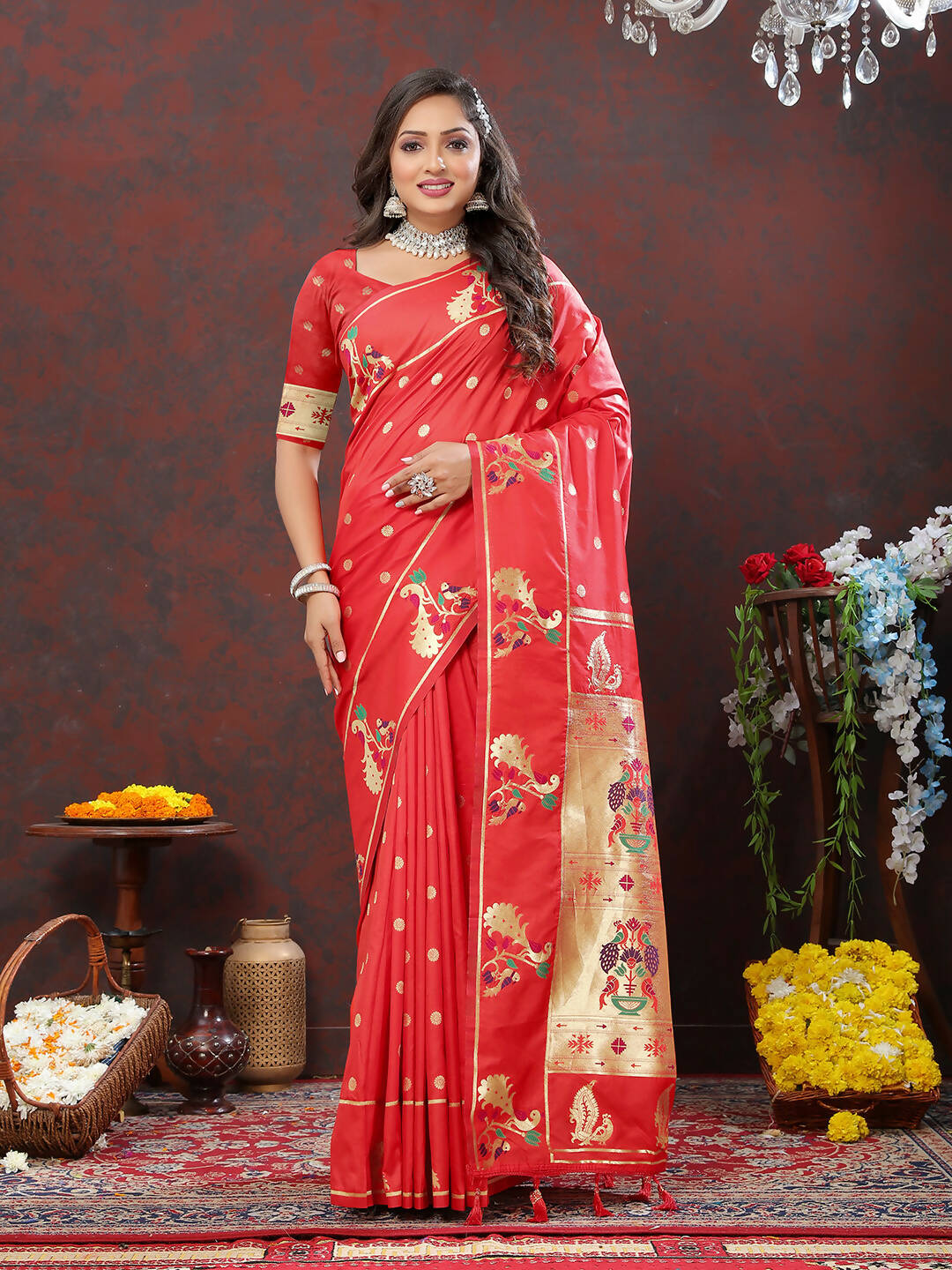 Lorenvalley Fashion Red Soft Paithani Silk Woven Design Gold Zari Meenakari Weaving Saree - Swadesiicart