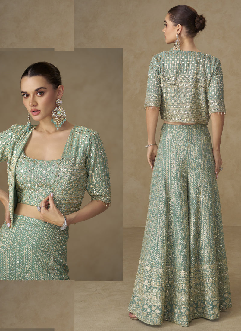 Vegaa Fashion Mint Green Georgette Embroidered & Hand Work Jacket Style Co-Ord Set - Swadesiicart