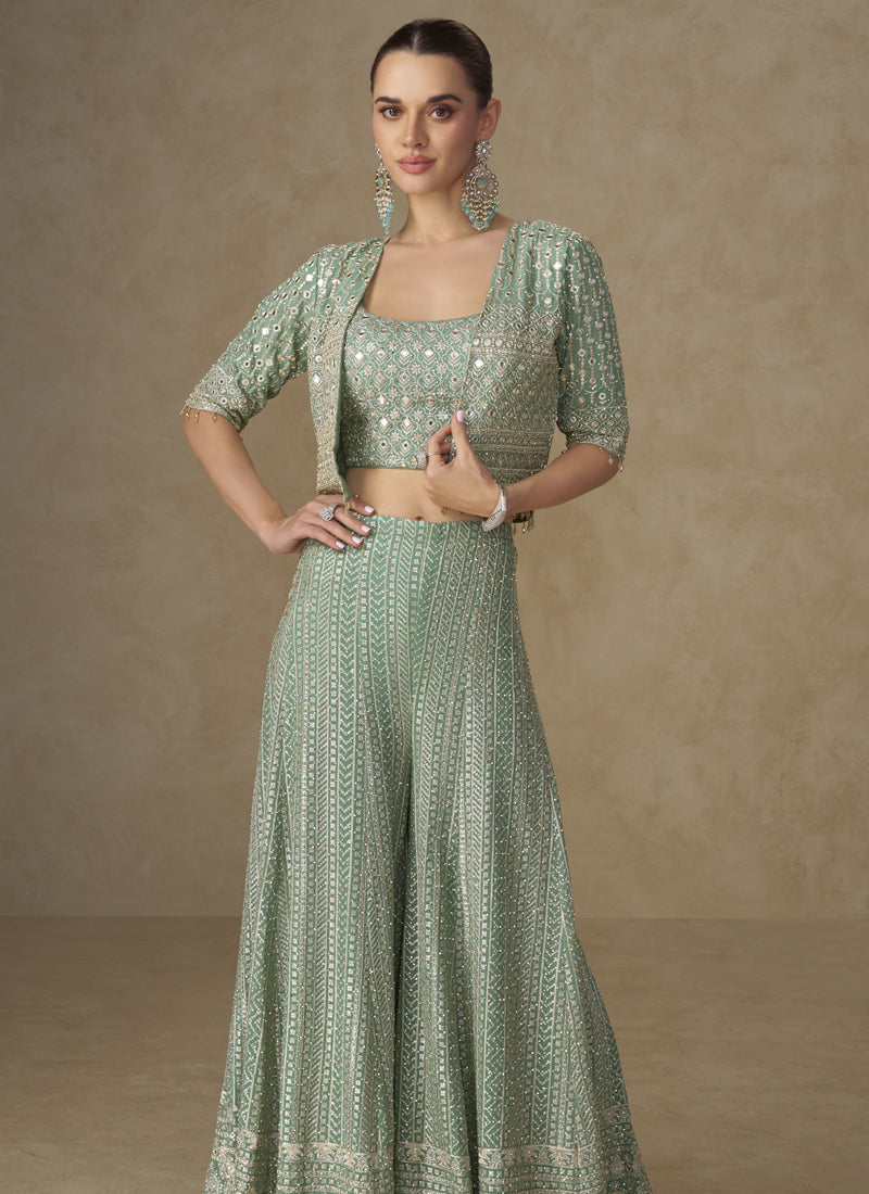 Vegaa Fashion Mint Green Georgette Embroidered & Hand Work Jacket Style Co-Ord Set - Swadesiicart