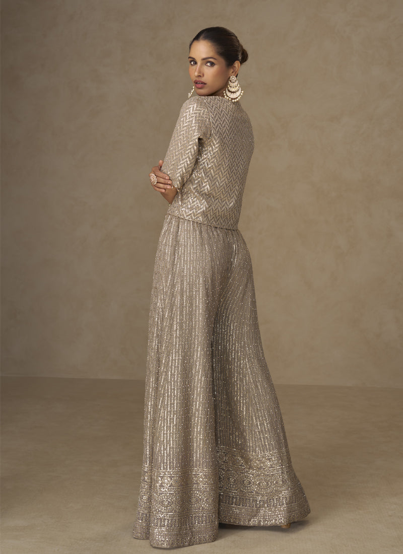 Vegaa Fashion Beige Georgette Embroidered & Hand Work Jacket Style Co-Ord Set - Swadesiicart