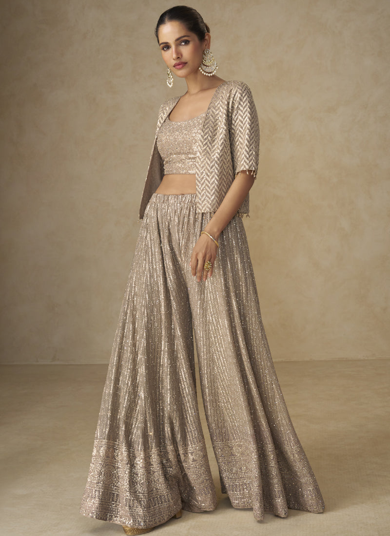 Vegaa Fashion Beige Georgette Embroidered & Hand Work Jacket Style Co-Ord Set - Swadesiicart