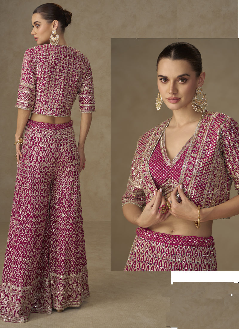 Vegaa Fashion Pink Georgette Embroidered & Hand Work Jacket Style Co-Ord Set - Swadesiicart