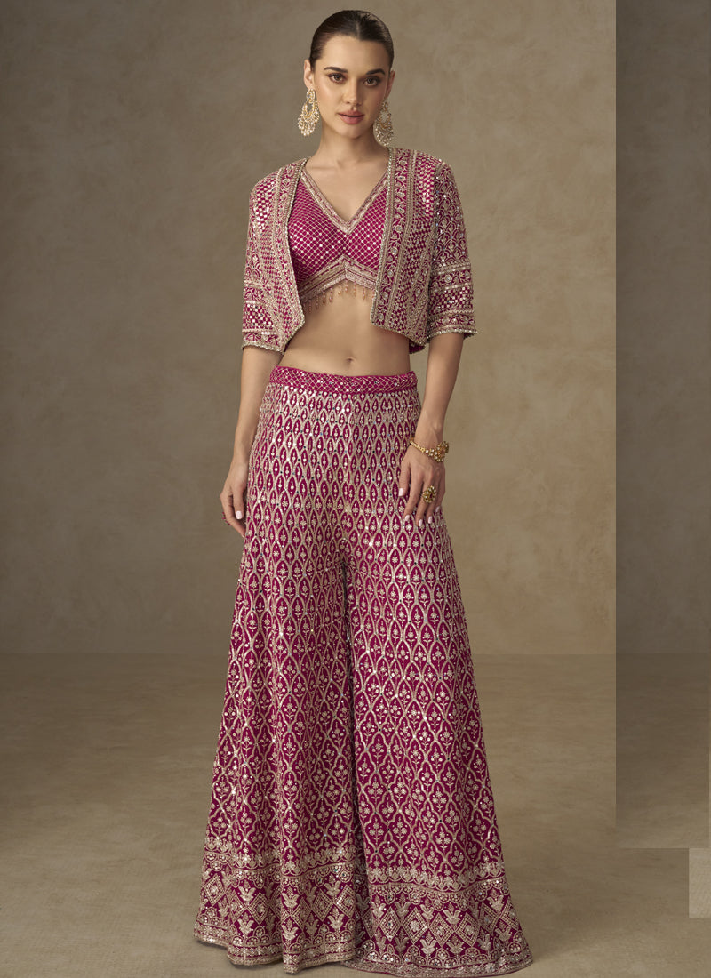 Vegaa Fashion Pink Georgette Embroidered & Hand Work Jacket Style Co-Ord Set - Swadesiicart
