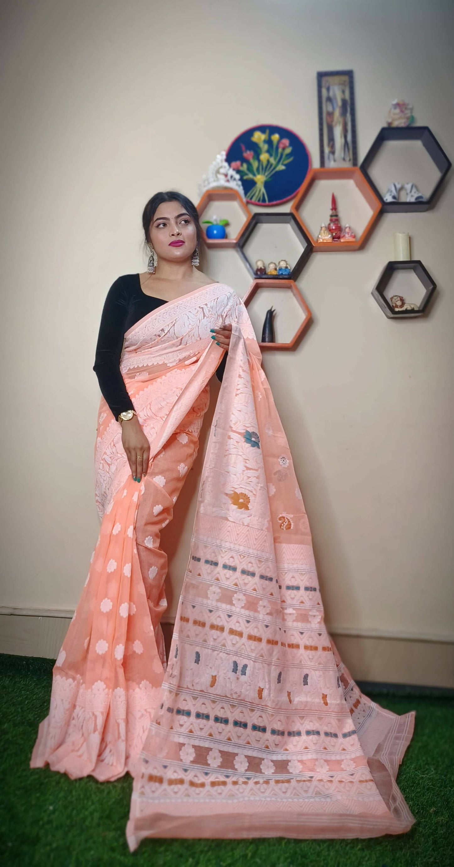 Exclusive Collection Handloom Dhakai Jamdani Saree - Light Orange - Swadesiicart