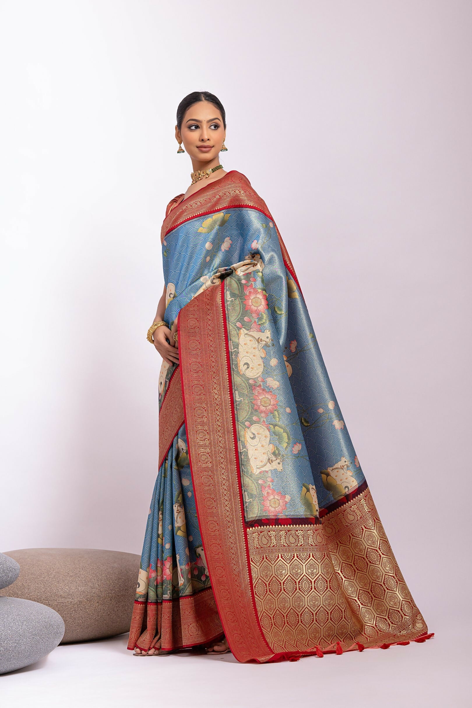 Vishnu Weaves Women's Firozi Tissue Silk Zari Woven Saree with Blouse - Swadesiicart