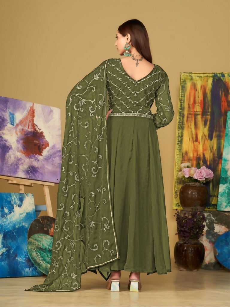 Jyoti Fashion Women's Olive Green Georgette Embroidered Anarkali Kurta Pant Set With Dupatta | Swadesiicart