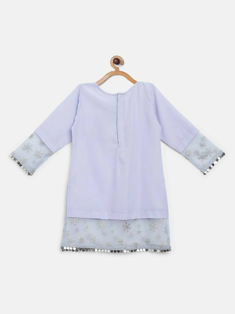 Ahalyaa Blue Crepe Silver Glitter Print Kids Kurta Palazzo Set With Dupatta For Girls | Swadesiicart
