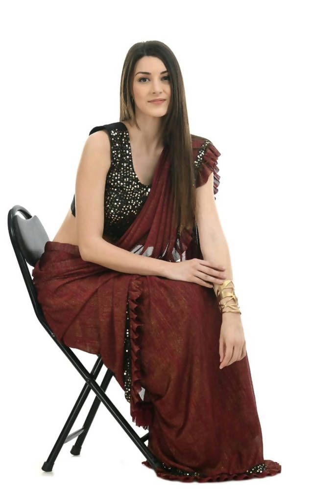 Mominos Fashion All Season Wear Rust And Black Ruffled Ready To Wear Saree | Swadesiicart
