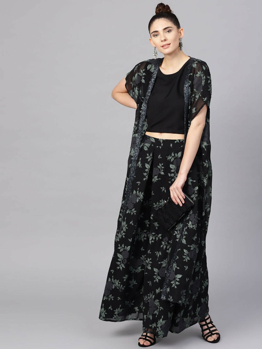 Ahalyaa Black Georgette Crepe Printed Top Palazzo Set With Jacket | Swadesiicart