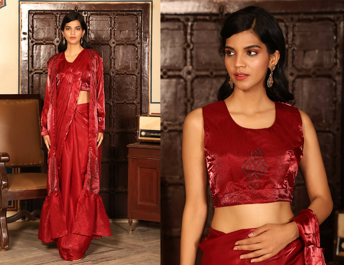 Red Tom Silk Plain Ready To Wear Saree With Stitched Blouse - Satiksha | Swadesiicart