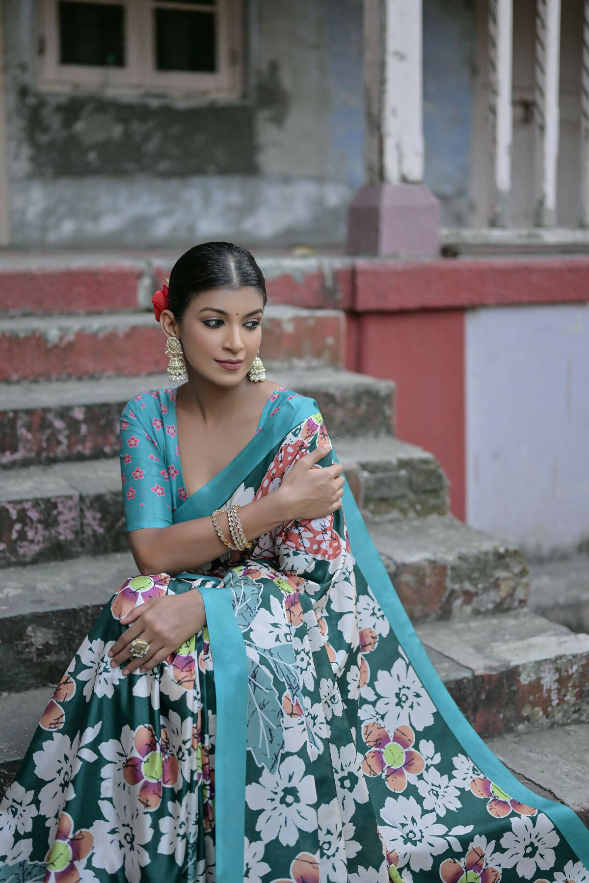 Vishnu Weaves Women's Green Cotton Silk Printed Saree with Blouse - Swadesiicart
