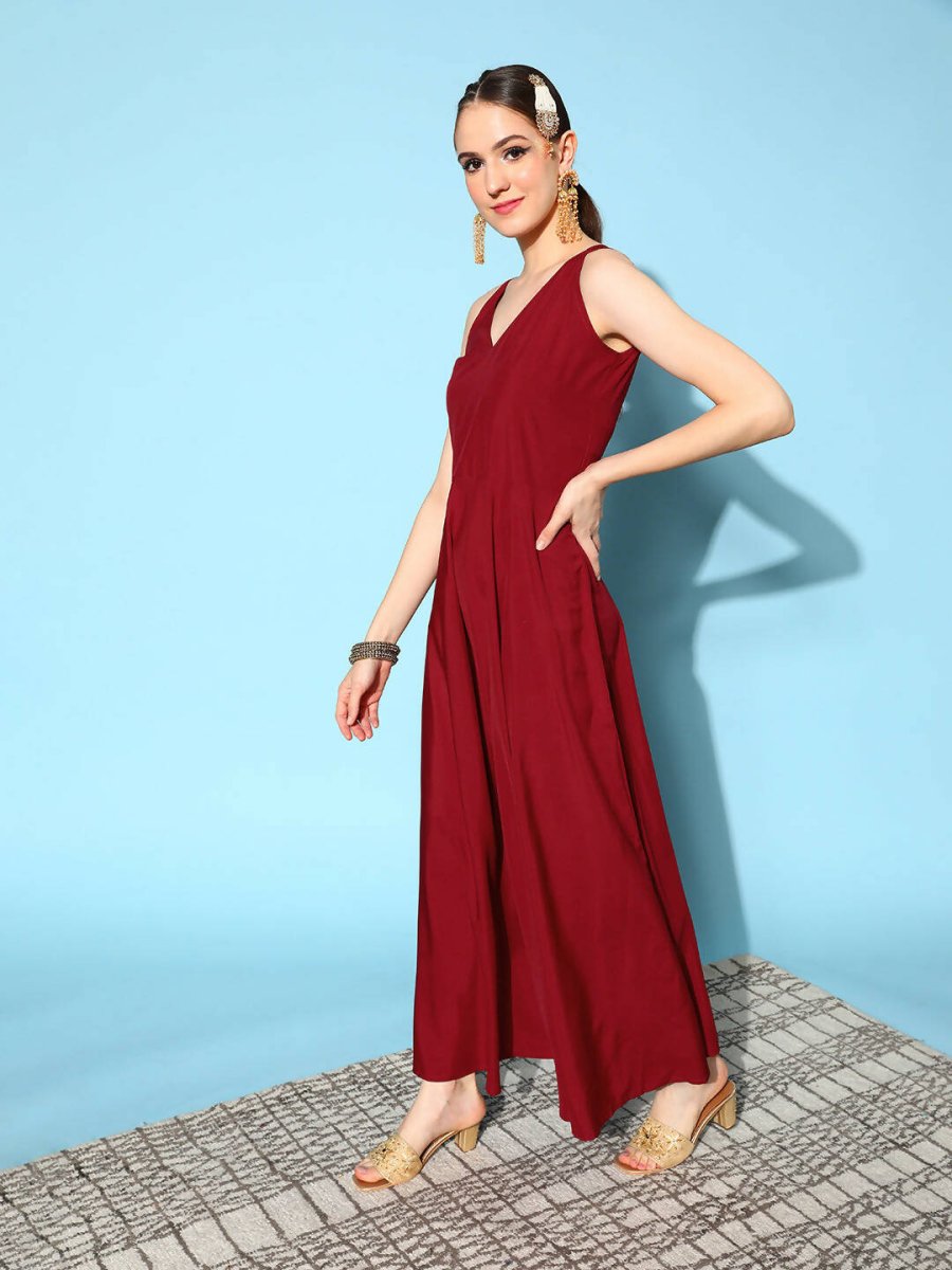 Ahalyaa Women Beautiful Maroon Crepe Brocade Ethnic Dress | Swadesiicart