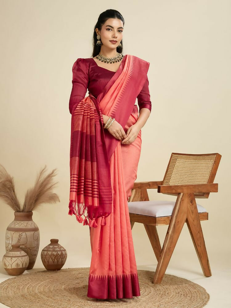 Vishnu Weaves Women's Gajri Raw Silk Thread Woven Saree with Blouse - Swadesiicart
