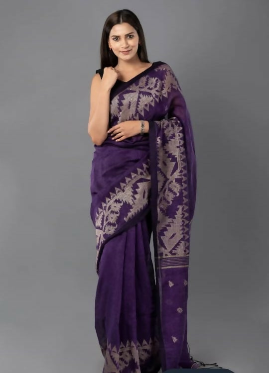 Exclusive Collection Deep Purple Beautiful Linen Jamdani Saree - Swadesiicart