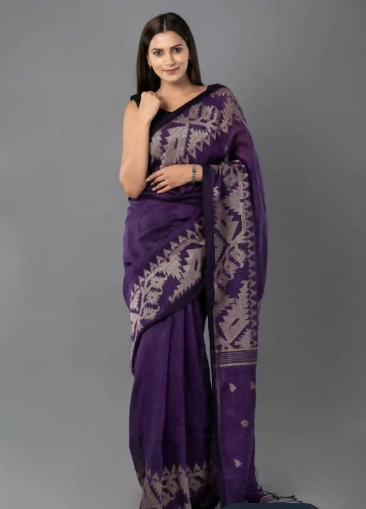 Exclusive Collection Deep Purple Beautiful Linen Jamdani Saree - Swadesiicart