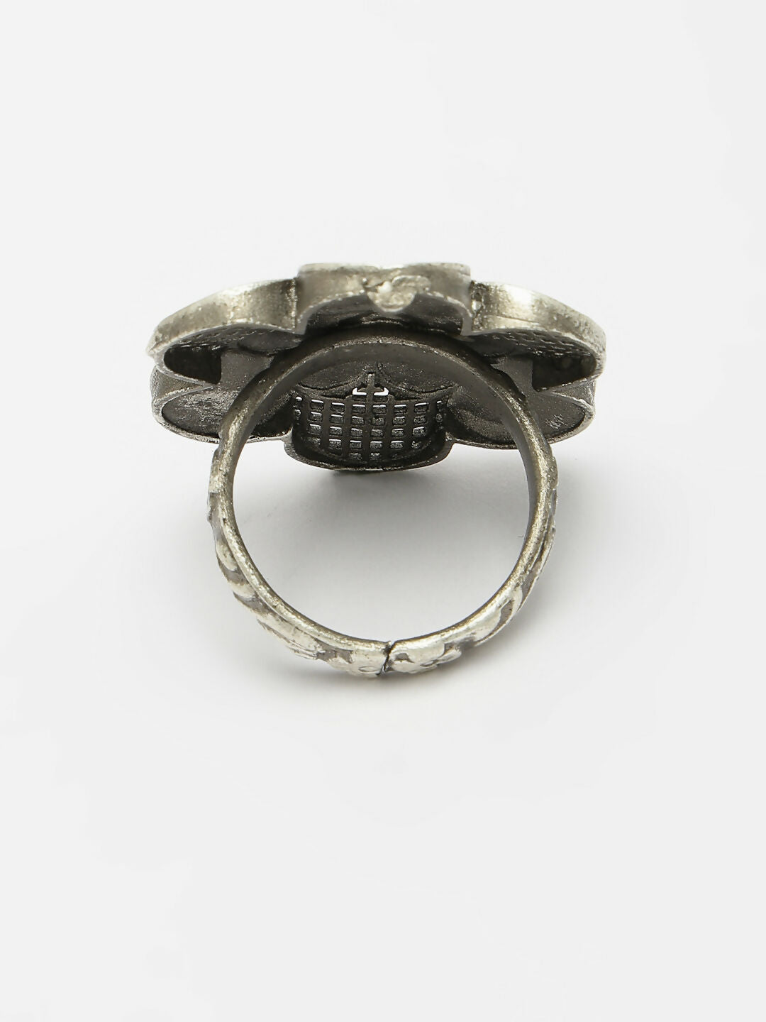 NVR Women's Silver-Toned Floral Shape Adjustable Finger Ring | Swadesiicart