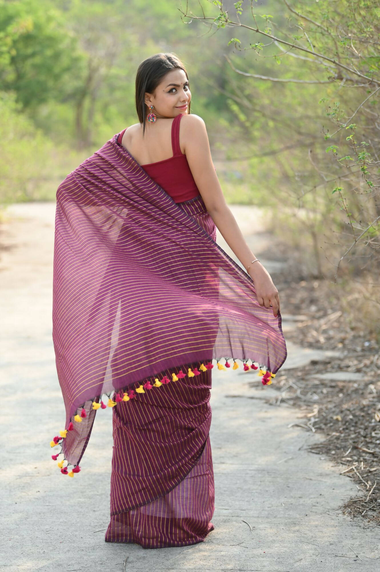 Very Much Indian Designer Pure Cotton Saree With All Over Linear Stripes - Maroon | Swadesiicart