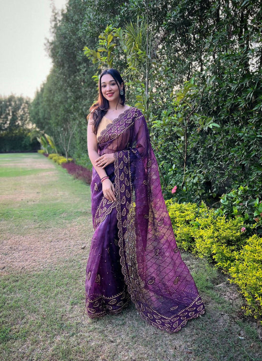 Vamsee Lavender Organza Saree - Swadesiicart