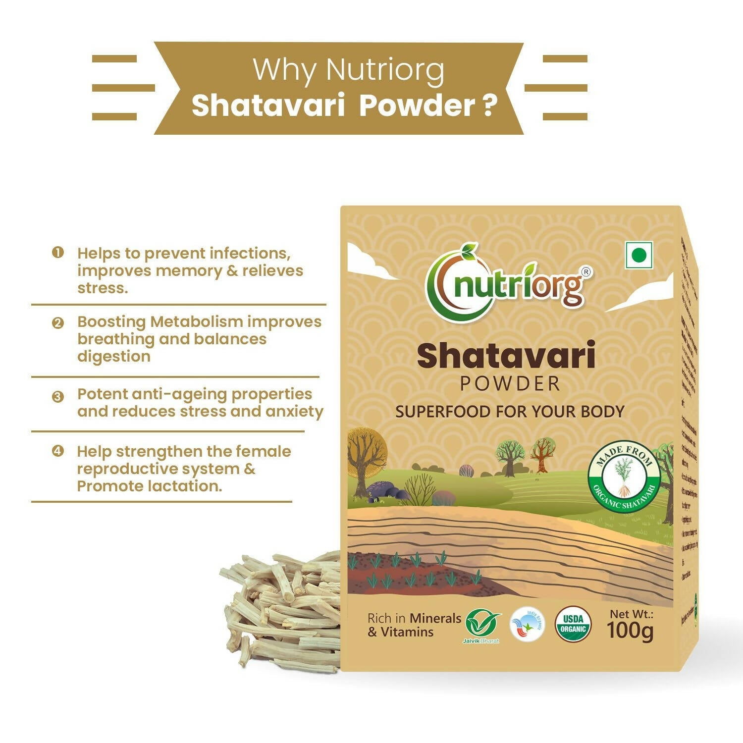 Nutriorg Certified Organic Shatavari Powder - Swadesiicart
