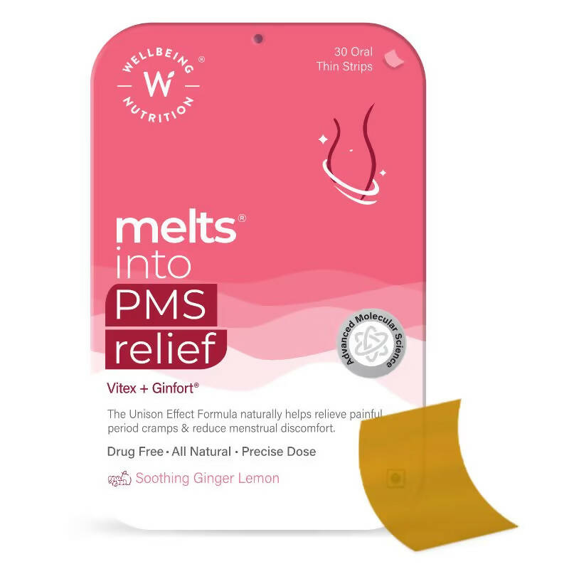 Wellbeing Nutrition Melts into PMS Relief Disintegrating Strips - Soothing Ginger Lemon | Swadesiicart