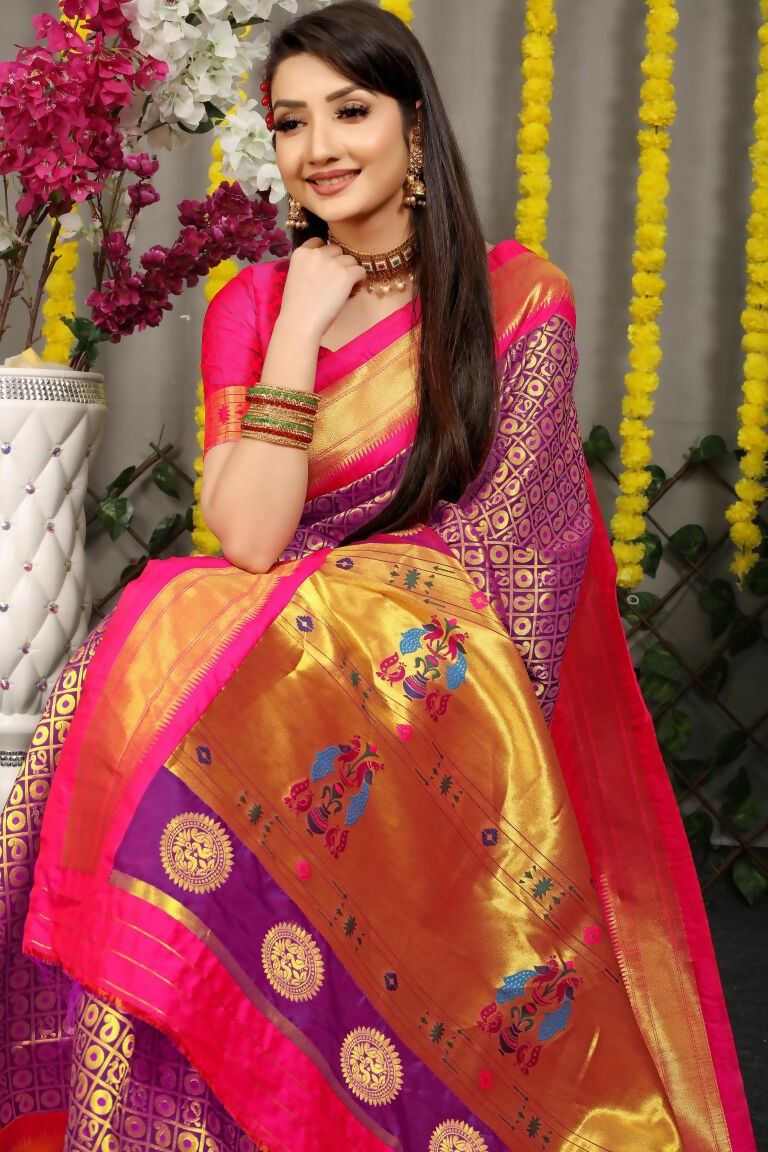 Jyoti Fashion Women's Purple Banarasi Silk Zari Woven Saree with Blouse | Swadesiicart