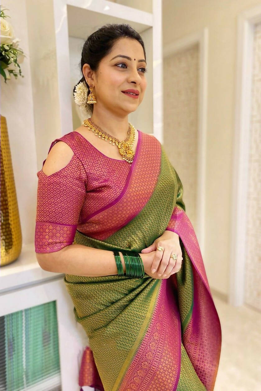 DEIANA'S Beautiful Designer Golden zari Soft Lichi Silk Saree - Mehndi - Swadesiicart