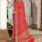 Joban Fashion Red Crepe Chiffon Banarasi Pure Handloom Banarasi Silk Saree | Swadesiicart