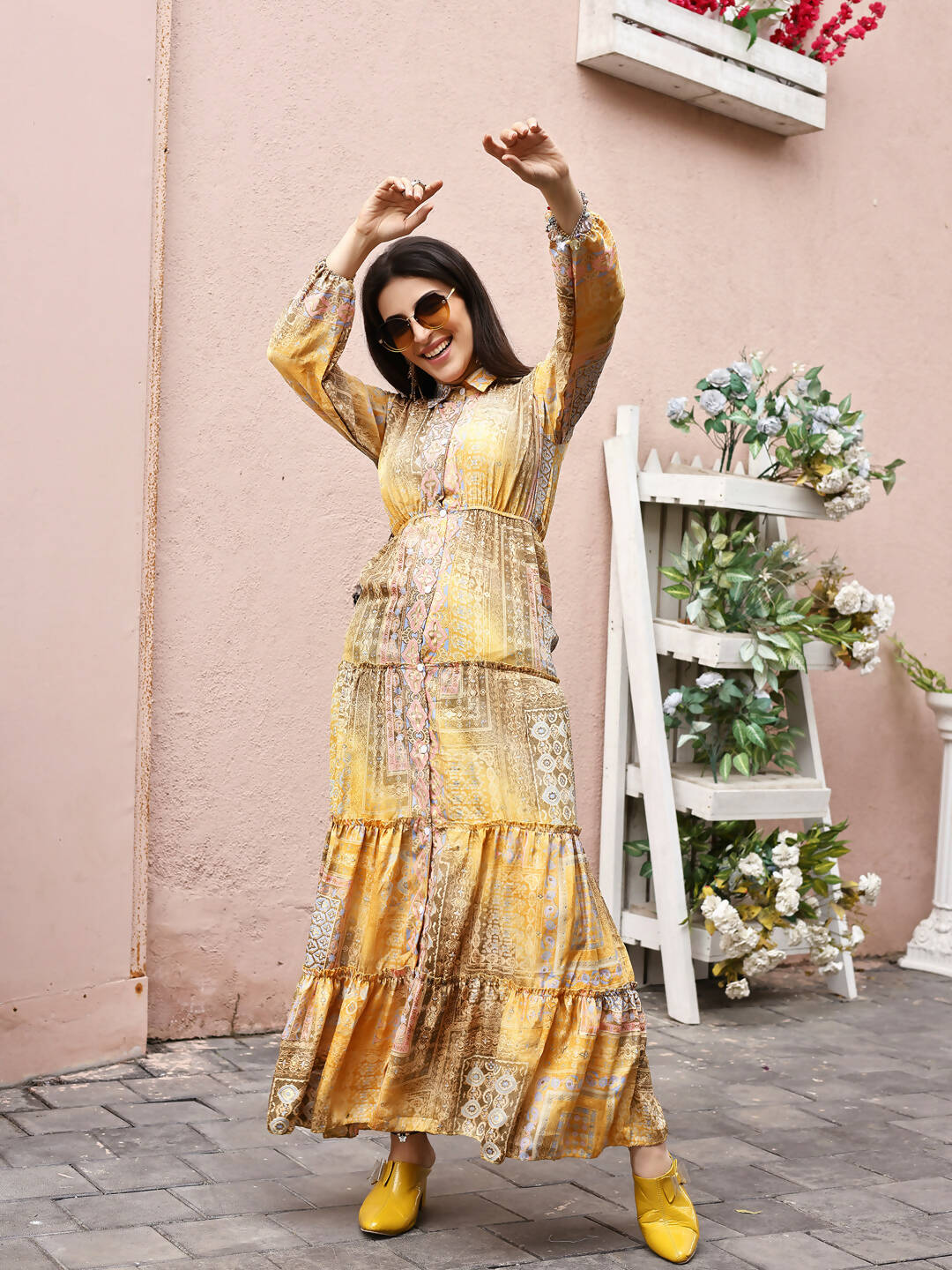 Mustard Crepe Foil Printed Long Dress - Michan | Swadesiicart