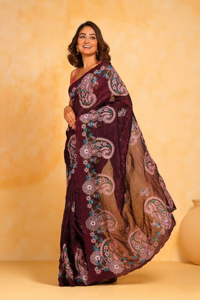 Vamsee Suhanisha Wine Korean Shimmer Silk Saree - Swadesiicart