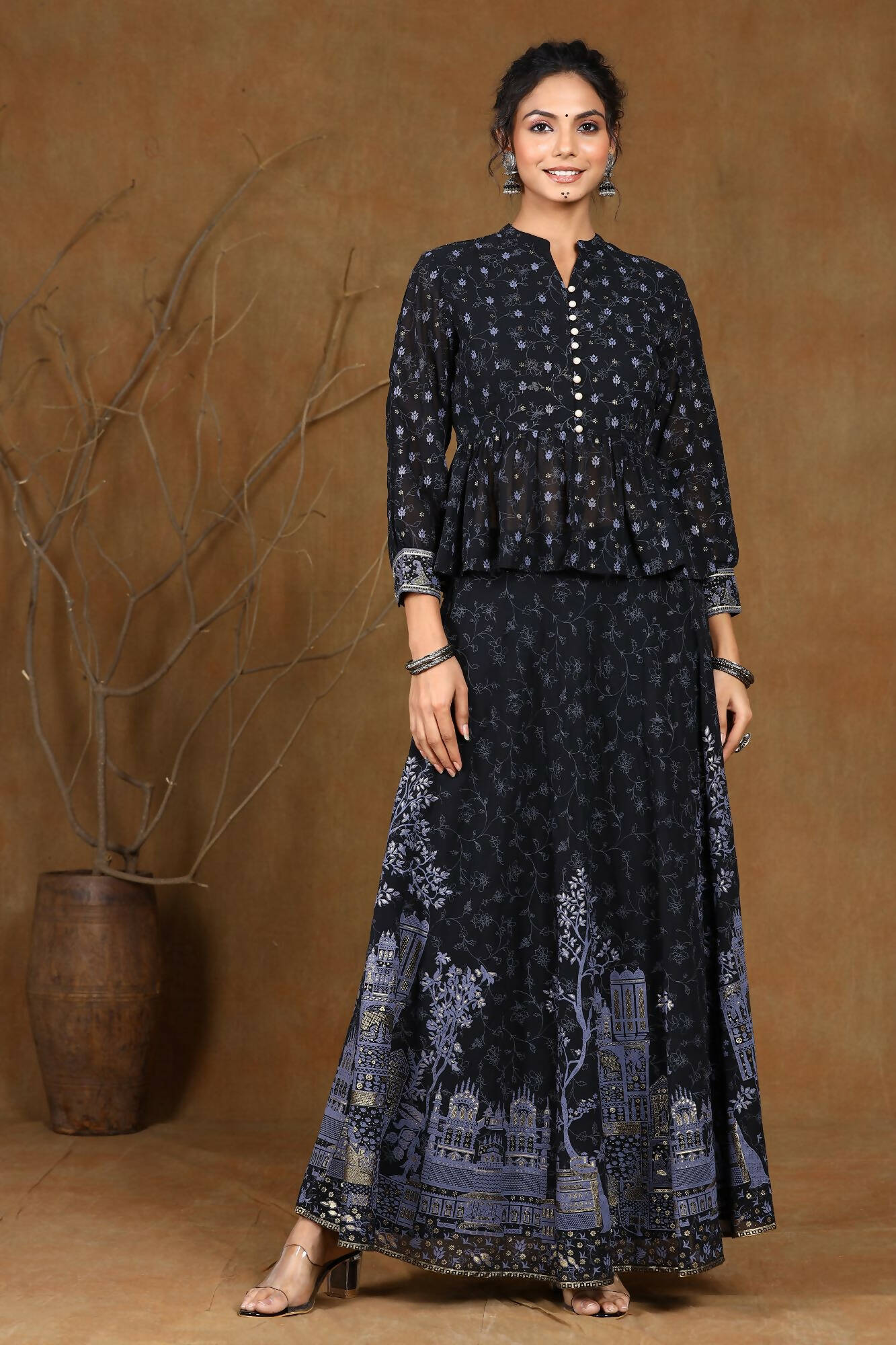 Juniper Women Black Georgette Printed Flared Lehenga Choli Sets | Swadesiicart