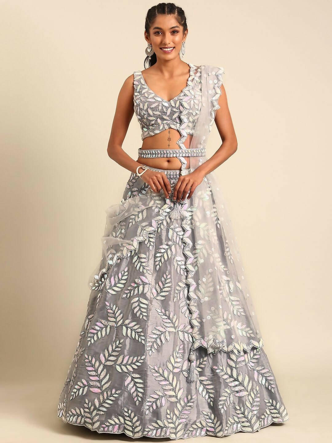 House of Panchhi Grey Organza Sequins & Zarkan embroidery Lehenga choli & Dupatta | Swadesiicart