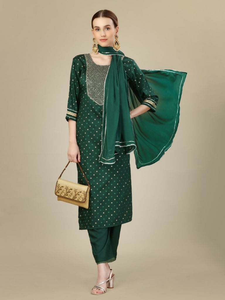 Jyoti Fashion Women's Dark Green Silk Blend Embroidery & Sequence work Kurta with Trouser & Dupatta | Swadesiicart