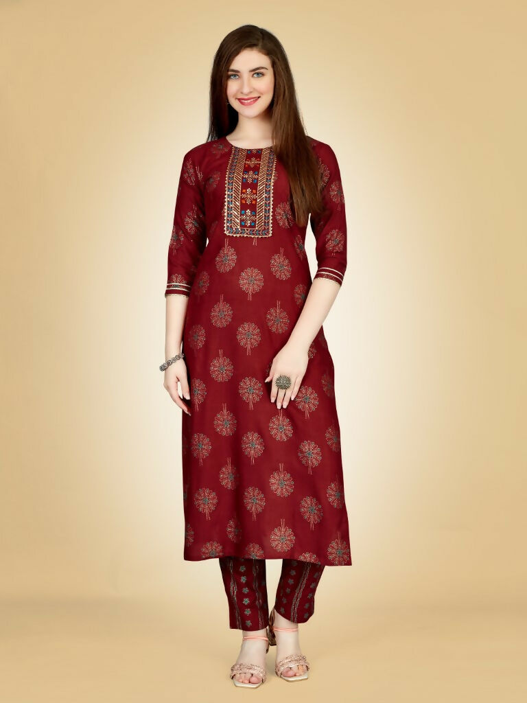 Jyoti Fashion Women's Maroon Viscose Rayon Embroidered Kurta Pant Set | Swadesiicart