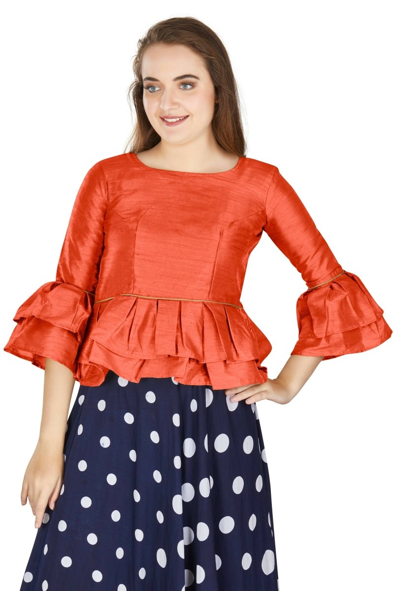 Aastha Fashion Women's Orange Art Silk Bell Sleeves attire with Poly Cotton Lining Blouse